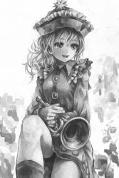 Rule 34 | 1girl, :d, bad id, bad pixiv id, boots, dress, facing viewer, frilled dress, frills, greyscale, hat, hat ornament, holding, instrument, leg up, long sleeves, looking away, md5 mismatch, merlin prismriver, monochrome, nagayo, open mouth, revision, sitting, smile, solo, touhou, trumpet, upper body, vest, wavy hair