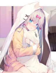 Rule 34 | 1girl, animal ears, bad id, bad pixiv id, blanket, blue eyes, blurry, blurry background, blush, bow, cat ears, clenched teeth, commentary request, depth of field, hair bow, highres, indoors, long hair, long sleeves, looking at viewer, nose blush, hugging object, original, pajamas, parted lips, pillow, pillow hug, pink bow, silver hair, sitting, sleeves past wrists, solo, soya (torga), teeth, under covers, v-shaped eyebrows, wariza
