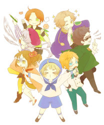Rule 34 | &gt; &lt;, 1girl, 6+boys, = =, ahoge, alternate hair color, ankle boots, arm up, arms up, asymmetrical hair, axis powers hetalia, bandaid, beret, black hair, blonde hair, blue eyes, blush, boots, bow, bowtie, braid, brown hair, chibi, child, closed eyes, eyebrows, fingerless gloves, flip-flops, flower, gloves, green eyes, hair flower, hair ornament, hand on forehead, hand on own hip, happy, hat, heart, hip focus, hutt river (hetalia), jacket, jacket on shoulders, kugelmugel (hetalia), ladonia (hetalia), lapel pin, long sleeves, looking back, looking up, middle finger, mole, molossia (hetalia), morisu (moriss-oican), multiple boys, murisu, neckerchief, o/, o3o, one eye closed, open mouth, outstretched arms, pants, pantyhose, pencil, pin, principality of seborga (hetalia), principality of wy (hetalia), sailor collar, sailor hat, sandals, sash, scar, scared, sealand (hetalia), shaded face, shirt, short hair, shorts, side ponytail, silver hair, simple background, smile, sparkle, standing, standing on one leg, striped clothes, striped shirt, sunglasses, sweat, swept bangs, teeth, thick eyebrows, tongue, tongue out, twin braids, white background, wink, yellow eyes, yellow pantyhose
