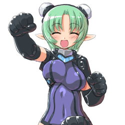 Rule 34 | 10s, 1girl, ^ ^, bad id, bad pixiv id, breasts, busou shinki, closed eyes, dd (ijigendd), doll joints, elbow gloves, elf, female focus, gloves, green hair, happy, joints, maryceles, medium breasts, open mouth, pointy ears, short hair, simple background, solo, white background