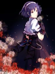 Rule 34 | 1girl, bad id, bad twitter id, black dress, black gloves, brown eyes, closed mouth, dress, flower, from behind, gloves, holding, holding flower, hotaru (htr trtr), idolmaster, idolmaster cinderella girls, long dress, looking to the side, purple hair, shiragiku hotaru, short hair, short sleeves, solo, spider lily, white flower, white spider lily