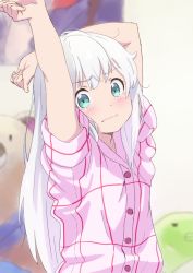 Rule 34 | 10s, 1girl, arms up, blurry, blurry background, blush, bow, closed mouth, commentary request, eromanga sensei, green eyes, izumi sagiri, long hair, looking at viewer, shirt, silver hair, solo, tsukiman, tukiman00, wavy mouth