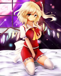 Rule 34 | 1girl, aged up, ascot, between legs, blonde hair, blush, bow, grabbing another&#039;s breast, breasts, embodiment of scarlet devil, female focus, female masturbation, fingering, flandre scarlet, full moon, gamachi, grabbing, grabbing own breast, grin, hair bow, hand between legs, highres, masturbation, moon, naughty face, red eyes, red moon, short sleeves, side ponytail, smile, solo, thighhighs, touhou, white thighhighs, window, wings