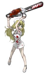 Rule 34 | 1girl, absurdres, arms up, bare legs, blonde hair, blood, blood on clothes, blood on mask, bloody weapon, carpaccio (girls und panzer), chainsaw, collared dress, commentary, dress, full body, girls und panzer, green eyes, halloween, halloween costume, hat, high heels, highres, holding, holding weapon, long hair, looking to the side, mask, mouth mask, nurse, nurse cap, short dress, short sleeves, simple background, skrmtl, solo, standing, weapon, white background, white dress, white footwear, white hat