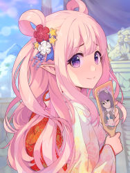 Rule 34 | 1girl, bad id, bad pixiv id, blue sky, closed mouth, cloud, commentary request, day, floral print, hair ornament, hair rings, hatsune (princess connect!), highres, holding, japanese clothes, kimono, long hair, long sleeves, looking at viewer, outdoors, pink hair, pointy ears, princess connect!, purple eyes, shiori (princess connect!), sky, smile, solo, upper body, white kimono, yako noir (kei-ne)