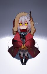 Rule 34 | 1girl, :&lt;, absurdres, animal ear fluff, animal ears, arknights, b-lazy, black footwear, blush, boots, chinese commentary, closed mouth, commentary, fur-trimmed hood, fur trim, grey background, grey hair, grey shirt, hair between eyes, highres, hood, hood up, hooded jacket, jacket, long sleeves, looking at viewer, medium hair, open clothes, open jacket, projekt red (arknights), red jacket, shirt, simple background, slit pupils, solo, tail, v arms, white background, wolf ears, wolf girl, wolf tail, yellow eyes