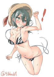 Rule 34 | !, 10s, 1girl, arm up, armpits, bad id, bad twitter id, bare arms, bare shoulders, bikini, blush, bow, breasts, closed mouth, collarbone, cowboy shot, cropped legs, ebifurya, grey hair, hair between eyes, hat, hat bow, heterochromia, highres, inactive account, kantai collection, kiso (kancolle), medium breasts, navel, red bow, scar, scar across eye, scar on face, simple background, solo, stomach, sweat, swimsuit, thigh gap, twitter username, untied bikini, wardrobe malfunction, white background