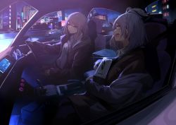 Rule 34 | 2girls, blue hair, blue jacket, blush, bow, breasts, brown jacket, car, city, city lights, commentary, earrings, hair bow, highres, holding case, jacket, jewelry, long hair, looking at another, looking away, miyabino (miyabi1616), mole, mole under eye, motor vehicle, multiple girls, open clothes, open jacket, open mouth, original, pink hair, red eyes, road, scenery, shirt, sitting, smile, teeth, upper teeth only, white shirt, yellow eyes