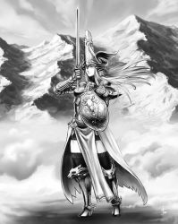 Rule 34 | 1girl, armor, armored dress, day, fantasy, full body, grey theme, greyscale, holding, holding sword, holding weapon, monochrome, original, outdoors, solo, standing, sword, thighhighs, valkyrie, weapon