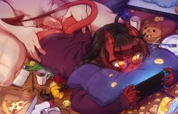 Rule 34 | 1boy, 1girl, ahoge, anal, ass, ass grab, black hair, book, braid, chips (food), clothed sex, colored skin, cup, demon girl, demon horns, demon tail, food, fork, glasses, grabbing another&#039;s ass, groping, hair ornament, hair scrunchie, handheld game console, hetero, highres, holding, holding handheld game console, hood, hood down, hoodie, horns, indoors, long hair, long sleeves, lying, male pubic hair, meruccubus (merunyaa), merunyaa, nintendo switch, on stomach, open book, original, pen, penis, pillow, pizza, pizza slice, plate, potato chips, prone bone, pubic hair, red skin, scrunchie, sex, sex from behind, solo focus, tail, uncensored, used tissue, yellow eyes