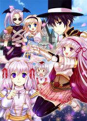 Rule 34 | 2boys, 4girls, arch bishop (ragnarok online), armor, armored boots, assassin (ragnarok online), bandages, belt, biretta, black belt, black hairband, black thighhighs, black wings, blonde hair, blue dress, blue sky, blush, boobplate, boots, bow, breastplate, brown coat, brown eyes, building, cape, cherry blossoms, cleavage cutout, closed mouth, clothing cutout, cloud, coat, comiket 79, cross, day, demon wings, dress, expressionless, fake wings, frilled hairband, frills, full body, gauntlets, glasses, grey hair, hair bow, hair ribbon, hairband, head wings, high ponytail, high priest (ragnarok online), juliet sleeves, kneehighs, layered clothes, long hair, long sleeves, looking at viewer, lord knight (ragnarok online), medium hair, miniskirt, monocle, multiple boys, multiple girls, one eye closed, open mouth, outdoors, pants, parted bangs, pauldrons, petals, pink hair, pink skirt, pleated skirt, puffy sleeves, purple eyes, purple pants, purple shirt, ragnarok online, red bow, red cape, red dress, red hairband, red ribbon, ribbon, shiosumi aya, shirt, short hair, shoulder armor, skirt, sky, smile, socks, sunglasses, thighhighs, two-tone dress, upper body, white dress, white wings, wings