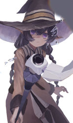 Rule 34 | 1girl, absurdres, black hair, black hat, blurry, blurry foreground, boots, chromatic aberration, closed mouth, eyelashes, hair between eyes, hat, highres, holding, holding staff, hydrokinesis, long hair, magan0301, mushoku tensei, pointy ears, purple eyes, purple hat, roxy migurdia, simple background, solo, staff, thigh boots, twintails, two-tone headwear, water, white background, witch, witch hat