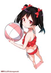 Rule 34 | 1girl, artist name, ass, ball, barefoot, beachball, bikini, black hair, bow, engawa (rarenago), frilled bikini, frills, from above, full body, hair bow, halterneck, highres, holding, holding ball, holding beachball, looking at viewer, looking back, love live!, love live! school idol project, red bikini, red bow, red eyes, shadow, short hair, side-tie bikini bottom, sidelocks, simple background, solo, standing, swimsuit, twintails, white background, yazawa nico