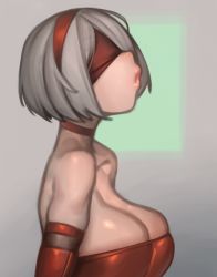 Rule 34 | 1girl, alternate costume, bare shoulders, blindfold, breasts, choker, christmas, cleavage, commentary, english commentary, eyelashes, from side, gloves, green background, grey background, grey eyes, grey hair, hairband, highres, kelvin hiu, large breasts, lips, looking at viewer, nier (series), nier:automata, no blindfold, puckered lips, red blindfold, red choker, red gloves, red hairband, short hair, solo, strapless, two-tone background, 2b (nier:automata)
