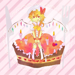 Rule 34 | 1girl, :q, adapted costume, ascot, blonde hair, buttons, cake, candle, center frills, chirashi, flandre scarlet, food, fork, frills, hands on own knees, hat, kneehighs, knees together feet apart, knife, long skirt, looking at viewer, medium hair, mob cap, multicolored wings, pigeon-toed, pink background, puffy short sleeves, puffy sleeves, red eyes, red footwear, red skirt, red vest, shirt, short sleeves, simple background, sitting on food, skirt, socks, solo, strawberry cake, striped background, tongue, tongue out, touhou, vest, white hat, white shirt, white socks, wings, yellow ascot