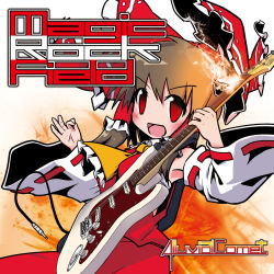 Rule 34 | 1girl, album cover, armpits, blush, bow, brown hair, copyright name, cover, detached sleeves, electric guitar, epiphone (flet06), female focus, guitar, hair bow, hair tubes, hakurei reimu, holding, instrument, looking at viewer, open mouth, plectrum, red eyes, smile, solo, touhou, wide sleeves