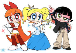 Rule 34 | 3girls, black hair, blonde hair, blossom (ppg), blue eyes, bubbles (ppg), buttercup (ppg), child, full body, gloves, green eyes, highres, kim crab, long hair, long sleeves, looking at viewer, multiple girls, orange hair, outstretched arm, pants, powerpuff girls, red eyes, red hair, simple background, smile, standing, tongue, tongue out, white background, white gloves