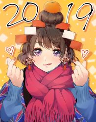 Rule 34 | 1girl, 2019, :q, blanket, blue shirt, brown hair, character request, commentary request, copyright request, drop shadow, earrings, food, food on head, fruit, fruit on head, hair bun, hands up, heart, highres, jewelry, kagami mochi, kate iwana, lips, long sleeves, looking at viewer, mandarin orange, nail polish, new year, object on head, orange background, purple eyes, red nails, red scarf, scarf, shirt, short hair, single hair bun, snapping fingers, solo, sweater, tassel, tassel earrings, tongue, tongue out, upper body