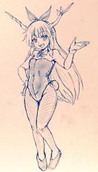 Rule 34 | 1girl, animal ears, black leotard, bow, bowtie, covered navel, d-m (dii emu), detached collar, fake animal ears, fake tail, fang, fishnet pantyhose, fishnets, full body, gloves, greyscale, hand on own hip, horns, ibuki suika, leotard, long hair, monochrome, oni horns, open mouth, pantyhose, playboy bunny, rabbit ears, rabbit tail, sketch, standing, strapless, strapless leotard, tail, touhou, wrist cuffs