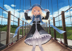 Rule 34 | 1girl, arms up, black dress, blonde hair, blue eyes, bridge, cait aron, cross, cross necklace, dress, floating hair, hair ribbon, highres, jewelry, long hair, looking at viewer, magi in wanchin basilica, necklace, nun, open mouth, pantyhose, ribbon, smile, solo, standing, thighhighs, white ribbon, white thighhighs, xiao ma