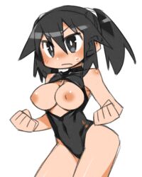 Rule 34 | 1girl, black eyes, black hair, black leotard, blush, breasts, breasts out, cannsk, cleavage cutout, clenched hands, clothing cutout, commentary request, cowboy shot, ears visible through hair, kurogane arumi, large breasts, leotard, light frown, nipples, original, solo, sweatdrop, twintails