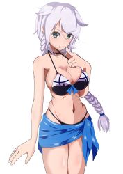 Rule 34 | 1girl, absurdres, adapted costume, bikini, black bikini, blue eyes, blue sarong, braid, breasts, choker, cleavage, collarbone, commentary request, cowboy shot, front-tie top, hair flaps, hair tie, highres, kantai collection, long hair, looking at viewer, medium breasts, navel, parted bangs, sarong, silver hair, simple background, single braid, solo, swimsuit, tongue, tongue out, umikaze (kancolle), umikaze kai ni (kancolle), unakyu, very long hair, white background