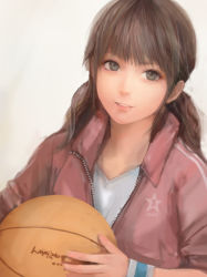Rule 34 | 1girl, bad id, bad pixiv id, ball, basketball, basketball (object), brown eyes, brown hair, green eyes, gym uniform, light smile, long hair, looking at viewer, miche, original, parted lips, realistic, simple background, sleeves rolled up, solo, star (symbol), wristband
