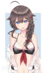 Rule 34 | 1girl, :p, ahoge, bare shoulders, black hair, blue eyes, braid, breasts, cleavage, collarbone, commentary request, hair flaps, hair ornament, hair over shoulder, highres, kanameruri, kantai collection, navel, official alternate costume, sailor bikini, sailor collar, shigure (kancolle), shigure kai ni (kancolle), single braid, solo, tongue, tongue out, upper body