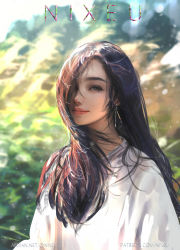 Rule 34 | 1girl, afdian username, artist name, blurry, blurry background, brown hair, closed mouth, commentary, earrings, eyebrows, eyelashes, fantasy, forehead, hair over one eye, highres, jewelry, long hair, looking at viewer, mole, mole under eye, nixeu, original, outdoors, patreon username, realistic, scenery, shirt, solo, sunlight, upper body, white shirt