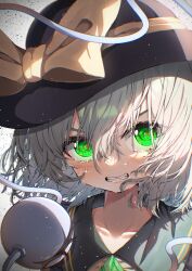 Rule 34 | 1girl, absurdres, black hat, blouse, bow, buttons, close-up, commentary request, dfra, diamond button, eyeball, frilled shirt collar, frills, green eyes, green hair, hat, hat bow, hat ribbon, highres, komeiji koishi, light particles, looking at viewer, medium hair, ribbon, shirt, solo, string, tearing up, tears, teeth, third eye, touhou, yellow bow, yellow ribbon, yellow shirt