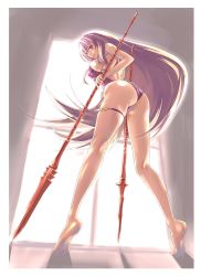 Rule 34 | 1girl, ass, backless swimsuit, backlighting, barefoot, black one-piece swimsuit, breasts, brown eyes, brown hair, fate/grand order, fate (series), from below, full body, highres, holding, holding weapon, kneepits, large breasts, leaning forward, legs, long hair, looking at viewer, looking back, nenchi, one-piece swimsuit, open mouth, polearm, scathach (fate), scathach (fate/grand order), scathach (swimsuit assassin) (fate), solo, spear, standing, swimsuit, thigh strap, thighs, tiptoes, very long hair, weapon
