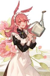 Rule 34 | 1girl, apron, bow, chocoan, dress, fate/grand order, fate (series), flower, head wings, hildr (fate), hildr (valkyrie style) (fate), long hair, maid, maid apron, maid headdress, pink eyes, pink hair, solo, valkyrie (fate), watering can, wings