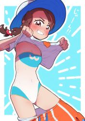 Rule 34 | 1girl, armpits, asymmetrical hair, blue background, blue hat, blue one-piece swimsuit, blush, border, braid, breasts, brown eyes, brown hair, clothes lift, clothes pull, collarbone, covered navel, cowboy shot, creatures (company), drawstring, emphasis lines, female focus, fumirumochigashin, game freak, grin, hair ornament, hairclip, hands up, happy, hat, highres, japanese text, juliana (pokemon), lifting own clothes, looking at viewer, matching hair/eyes, necktie, nintendo, one-piece swimsuit, orange necktie, orange shorts, outline, outside border, pocket, pokemon, pokemon sv, quaxly, shirt, shirt lift, short sleeves, shorts, shorts pull, side braid, simple background, single braid, small breasts, smile, solo, standing, strapless, strapless one-piece swimsuit, sun hat, swept bangs, swimsuit, swimsuit under clothes, talking, teeth, translation request, v-shaped eyebrows, white border, white outline, white shirt