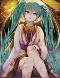 Rule 34 | 1girl, aqua eyes, aqua hair, bandaged leg, bandages, bat hair ornament, black skirt, blood, blood from mouth, bow, bowtie, candy, commentary, dress, english commentary, feet out of frame, food, gown, hair ornament, halloween, hand on own knee, hatsune miku, highres, jack-o&#039;-lantern, lollipop, long hair, looking at viewer, miniskirt, nyaruin, orange bow, orange bowtie, parted lips, silk, sitting, skirt, skull, skull hair ornament, solo, spider web, twintails, very long hair, vocaloid, white dress