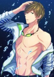 Rule 34 | 1boy, abs, blue background, collarbone, expressionless, free!, goggles, goggles around neck, gradient background, green eyes, green hair, hair between eyes, haluto73, hand on own head, highres, jacket, long sleeves, looking at viewer, male focus, multicolored clothes, multicolored jacket, no nipples, open clothes, open jacket, parted lips, pectorals, short hair, single bare shoulder, solo, tachibana makoto, two-tone background, upper body, water, white jacket