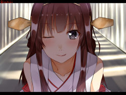 Rule 34 | 10s, 1girl, black eyes, blush, brown hair, collarbone, detached sleeves, double bun, female focus, ffmania7, grin, hair bun, headgear, heart, heart-shaped pupils, isshiki (ffmania7), kantai collection, kongou (kancolle), letterboxed, long hair, looking at viewer, nontraditional miko, one eye closed, portrait, smile, solo, symbol-shaped pupils, twitter username, wink