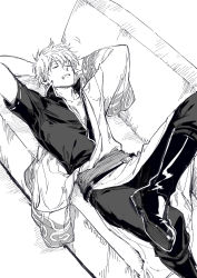 Rule 34 | 1boy, arms behind head, arms up, boots, collarbone, couch, drooling, feet out of frame, gintama, greyscale, hadanugi dousa, hair between eyes, highres, japanese clothes, kimono, lying, male focus, monochrome, mouth drool, on back, on couch, open clothes, open kimono, pants, parted lips, sakata gintoki, simple background, sleeping, solo, twitter username, uraki (tetsu420), white background