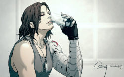 Rule 34 | 10s, 1boy, 2014, animification, bifanghuanshi, brown hair, captain america: the winter soldier, captain america (series), captain america the winter soldier, cyborg, dog tags, drinking, highres, james buchanan barnes, long hair, male focus, marvel, marvel cinematic universe, mechanical arms, milk, prosthesis, prosthetic arm, single mechanical arm, solo, tank top