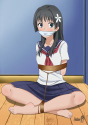 Rule 34 | 1girl, absurdres, arms behind back, barefoot, bdsm, black hair, blue eyes, blush, body blush, bondage, bound, bound ankles, breasts, cloth gag, gag, gagged, highres, improvised gag, looking at viewer, over the mouth gag, rope, saten ruiko, school uniform, shadow xcp, sitting, skirt, tape, tape bondage, toaru majutsu no index, toenails, toes