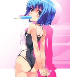 Rule 34 | 1girl, ass, blue eyes, blue hair, bracelet, casual one-piece swimsuit, cropped, dlsite.com, duplicate, elle sweet, food, food in mouth, highres, jewelry, looking back, one-piece swimsuit, popsicle, refeia, swimsuit