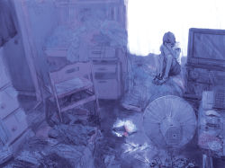 Rule 34 | androgynous, bad id, bad pixiv id, barefoot, bedroom, blue theme, clock, clothes, commentary, covering face, curtains, desk, drawer, electric fan, gender request, hand on own face, indoors, light, masaki (smoothiepool), messy room, muted color, notebook, original, short hair, solo, television