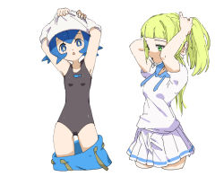 Rule 34 | 2girls, adjusting hair, ankea (a-ramo-do), armpits, arms up, black one-piece swimsuit, blonde hair, blue eyes, blue hair, blue pants, breasts, clothes lift, clothes pull, creatures (company), cropped legs, expressionless, female focus, flat chest, game freak, green eyes, hair tie, hair tie in mouth, half-closed eyes, lana (pokemon), lillie (pokemon), looking at viewer, matching hair/eyes, mouth hold, multiple girls, nintendo, one-piece swimsuit, open mouth, pants, pants pull, pleated skirt, pokemon, pokemon sm, shirt, shirt lift, short hair, short sleeves, simple background, skirt, small breasts, standing, swimsuit, trial captain, tying hair, undressing, white background, white shirt, white skirt