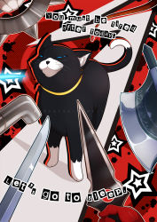 Rule 34 | 10s, :3, animal, animal focus, axe, blood, blood splatter, blue eyes, brass knuckles, cat, collar, dagger, english text, gameplay mechanics, gloves, half-closed eyes, highres, holding, holding weapon, knife, meme, morgana (persona 5), outline, parody, persona, persona 5, photo-referenced, pointing weapon, red background, red gloves, redrabbu, smug, solo focus, star (symbol), sword, threatening, troll face, tumblr username, watermark, weapon, whip, whiskers