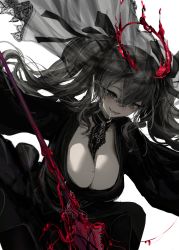 Rule 34 | 1girl, black dress, blood, blush, breasts, cleavage, dress, dripping, drooling, grey eyes, grey hair, hair between eyes, halo, highres, holding, holding weapon, liquid halo, long hair, melting halo, mole, mole on breast, mole under eye, narue, open mouth, original, saliva, see-through, simple background, smile, solo, twintails, veil, weapon, white background