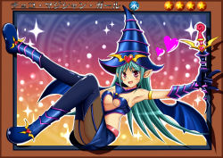 Rule 34 | 1girl, aqua hair, ass, bare shoulders, bat wings, black pantyhose, boots, breasts, card, chocolate magician girl, clothing cutout, collar, duel monster, garter straps, hat, heart, heart cutout, long hair, miniskirt, pantyhose, pointy ears, red eyes, shiguko, shiny clothes, shiny skin, skirt, smile, solo, thigh boots, thighhighs, wand, wings, wizard hat, yu-gi-oh!