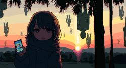 Rule 34 | 1girl, aliasing, backlighting, cellphone, coat, falling, highres, holding, holding phone, long sleeves, looking at viewer, multiple others, nanami yuki (yuki77mi), open mouth, original, outdoors, phone, pixel art, scarf, silhouette, smartphone, sun, sunset, tree, upper body