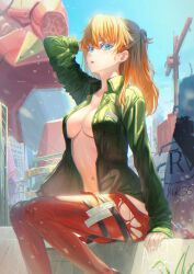 1girl arm_up artist_name blue_eyes blue_sky bodysuit breasts bus cleavage collarbone crane_(machine) day eva_02 green_jacket highres jacket long_hair looking_at_viewer mecha mecha_pilot_suit medium_breasts motor_vehicle navel neon_genesis_evangelion no_shirt open_clothes open_jacket orange_hair outdoors parted_lips plugsuit power_lines rebuild_of_evangelion red_bodysuit robot scaffolding sitting sky soramiruku souryuu_asuka_langley steel_beam stomach torn_bodysuit torn_clothes