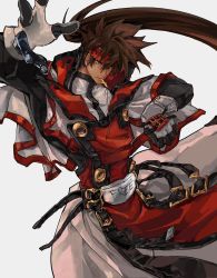 Rule 34 | 1boy, arm up, belt, black gloves, brown hair, cross, english text, found modori, gloves, grey background, guilty gear, guilty gear xx, hair between eyes, headband, highres, long hair, male focus, multiple belts, order-sol, ponytail, simple background, sol badguy, solo, white background