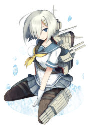 Rule 34 | 10s, 1girl, bad id, bad pixiv id, blue eyes, blue skirt, gloves, hair ornament, hair over one eye, hairclip, hamakaze (kancolle), kantai collection, looking at viewer, pantyhose, personification, school uniform, serafuku, short hair, short sleeves, silver hair, simple background, sitting, skirt, solo, wariza, white background, white gloves, y-iori