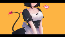 Rule 34 | 1girl, alternate costume, apron, black dress, black hair, breasts, cleavage, closed mouth, demon tail, dress, enmaided, fang, fang out, frilled apron, frills, head out of frame, letterboxed, maid, medium breasts, orange background, original, puffy short sleeves, puffy sleeves, shimmer, short sleeves, simple background, solo, spoken blush, tail, tail raised, waist apron, wavy mouth, white apron